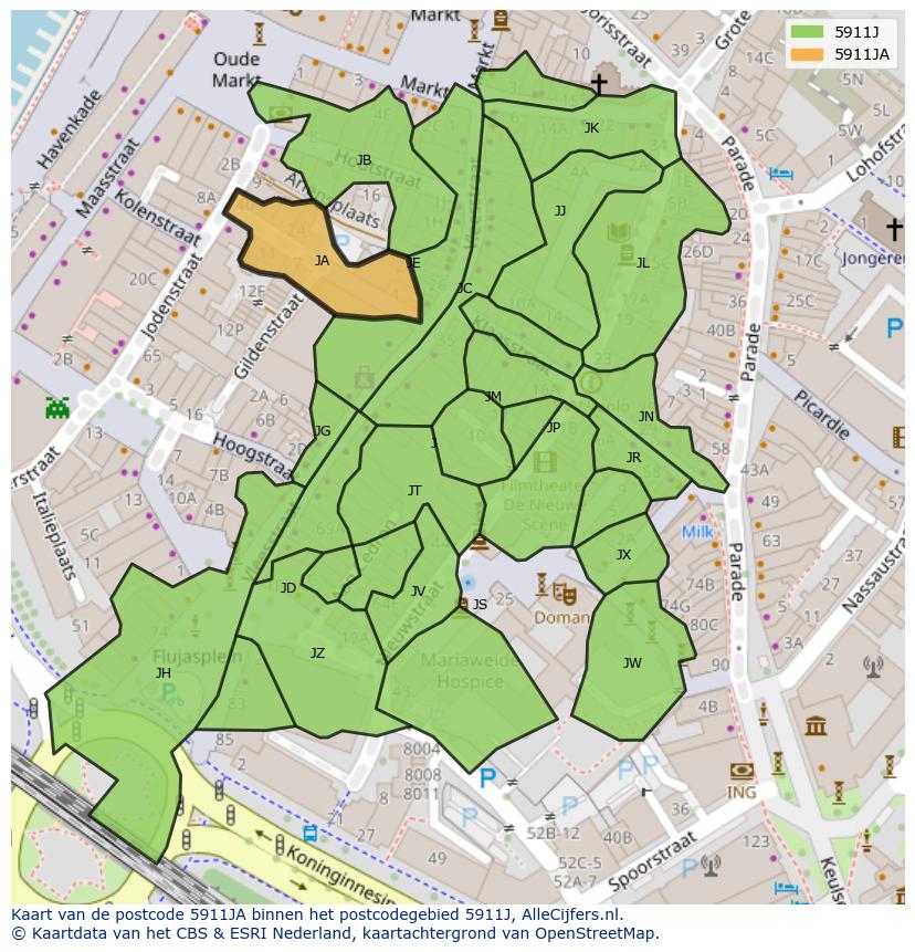 Afbeelding van het postcodegebied 5911 JA op de kaart.