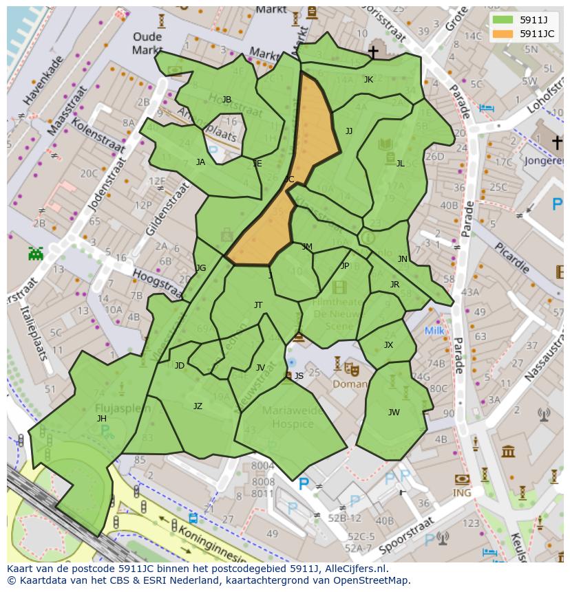 Afbeelding van het postcodegebied 5911 JC op de kaart.