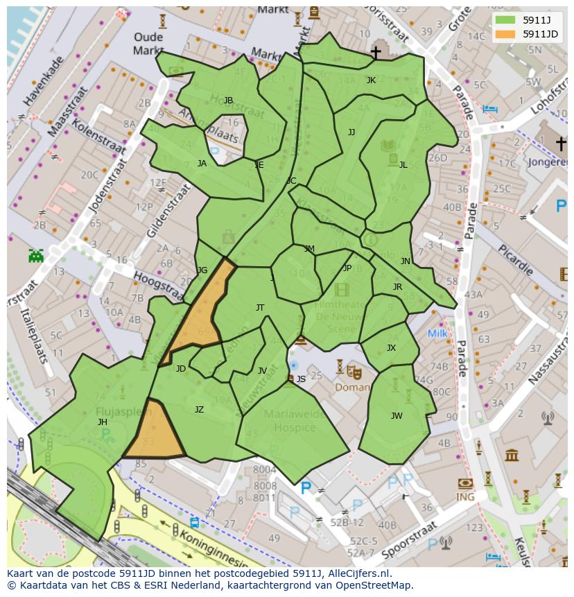 Afbeelding van het postcodegebied 5911 JD op de kaart.