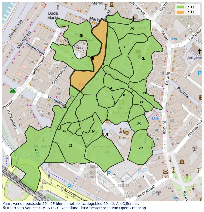 Afbeelding van het postcodegebied 5911 JE op de kaart.