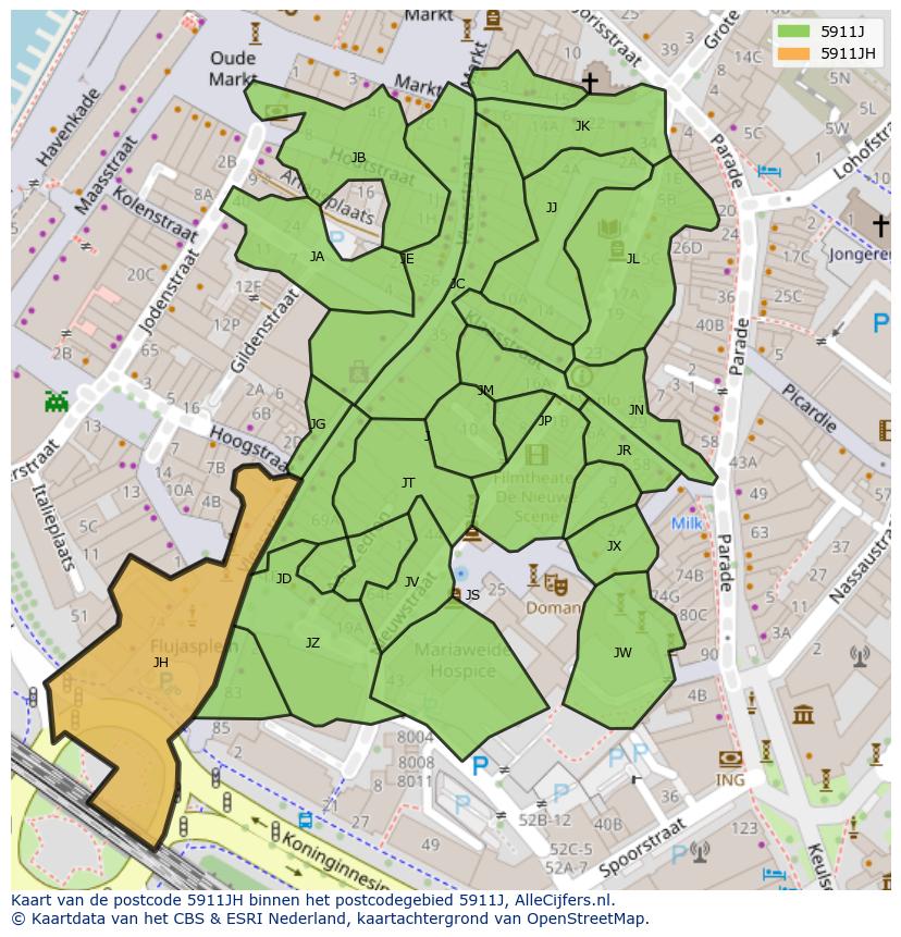 Afbeelding van het postcodegebied 5911 JH op de kaart.