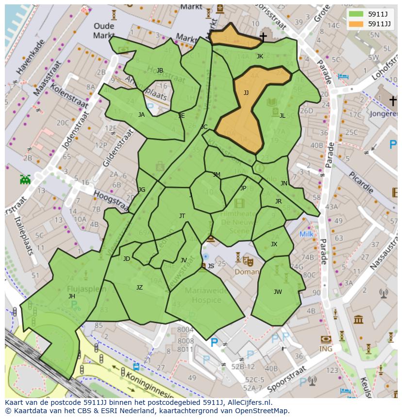 Afbeelding van het postcodegebied 5911 JJ op de kaart.