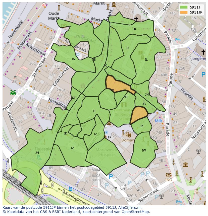 Afbeelding van het postcodegebied 5911 JP op de kaart.