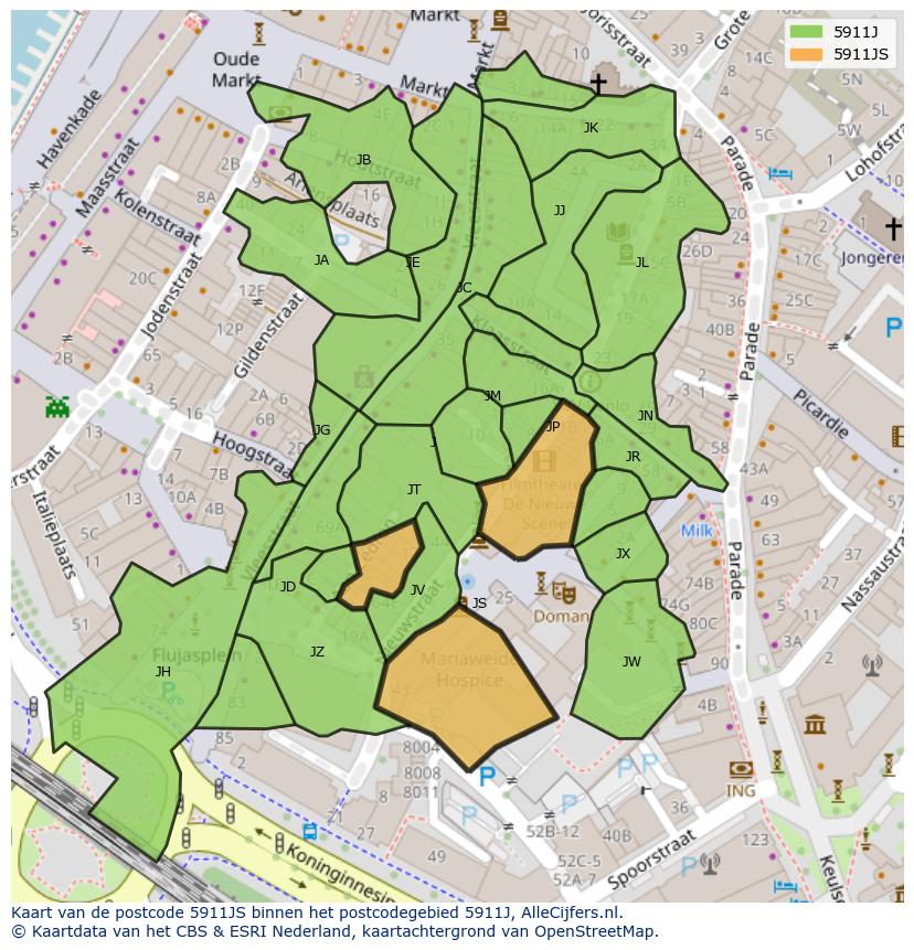 Afbeelding van het postcodegebied 5911 JS op de kaart.