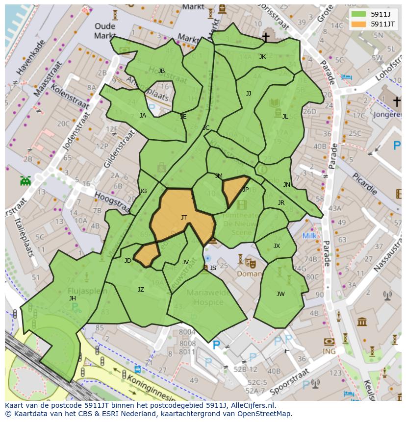 Afbeelding van het postcodegebied 5911 JT op de kaart.