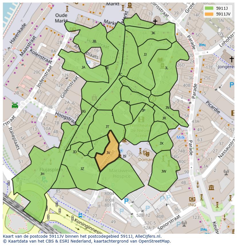 Afbeelding van het postcodegebied 5911 JV op de kaart.