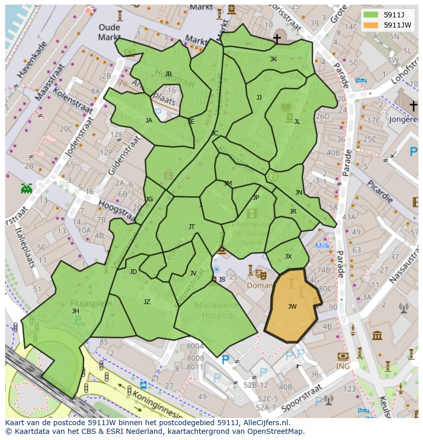 Afbeelding van het postcodegebied 5911 JW op de kaart.