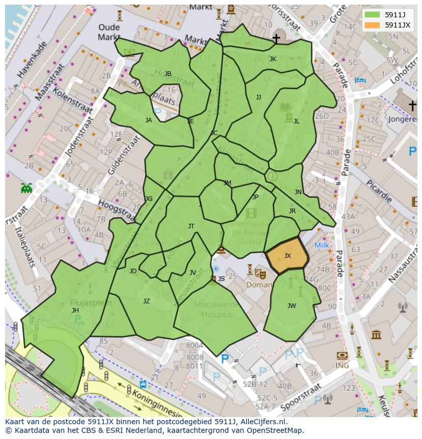Afbeelding van het postcodegebied 5911 JX op de kaart.