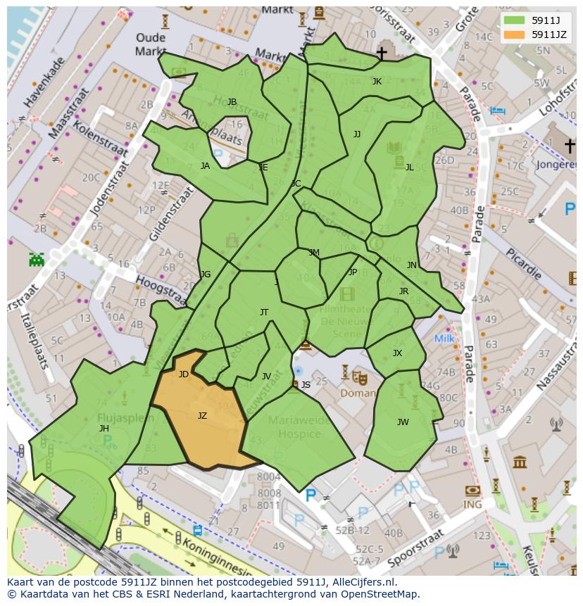 Afbeelding van het postcodegebied 5911 JZ op de kaart.