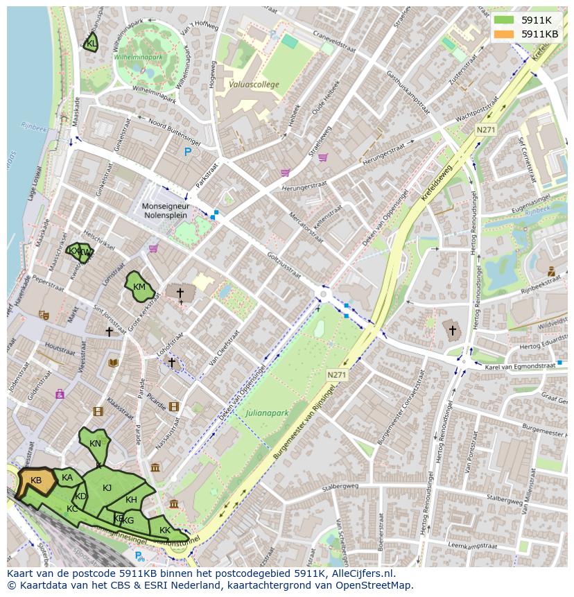Afbeelding van het postcodegebied 5911 KB op de kaart.