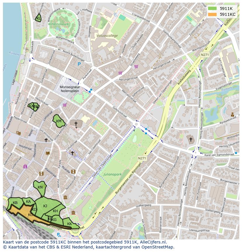 Afbeelding van het postcodegebied 5911 KC op de kaart.