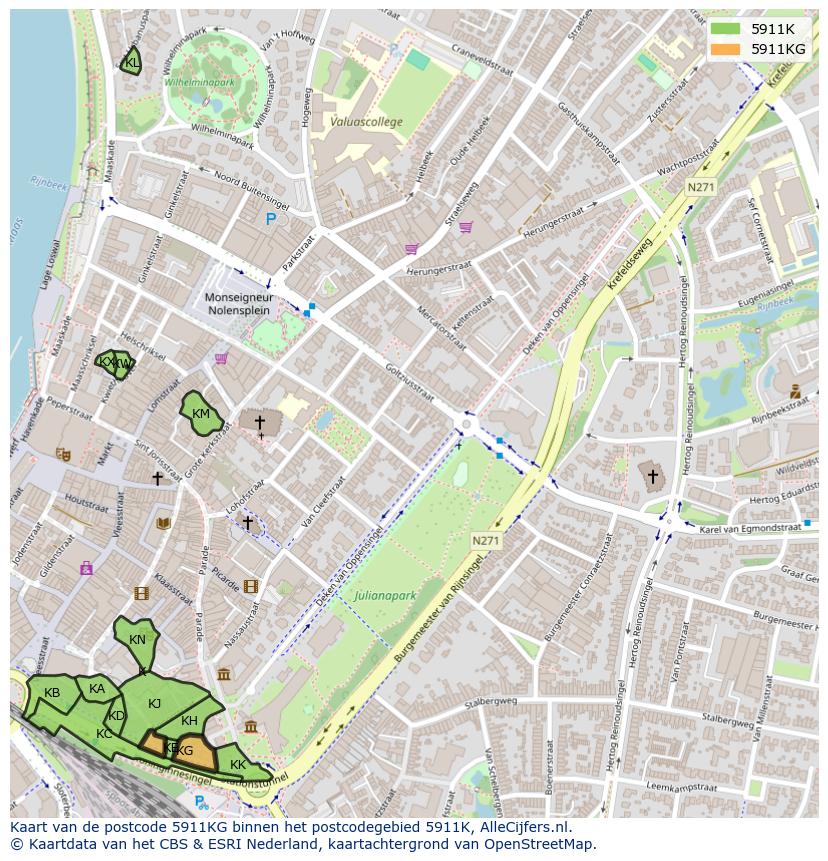 Afbeelding van het postcodegebied 5911 KG op de kaart.