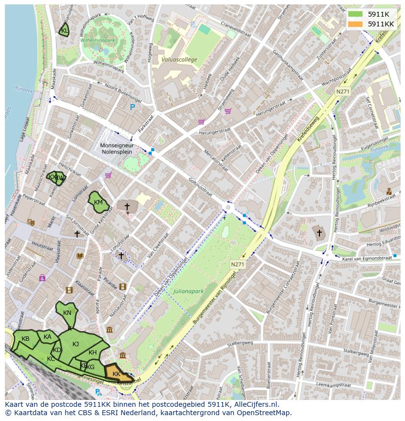 Afbeelding van het postcodegebied 5911 KK op de kaart.