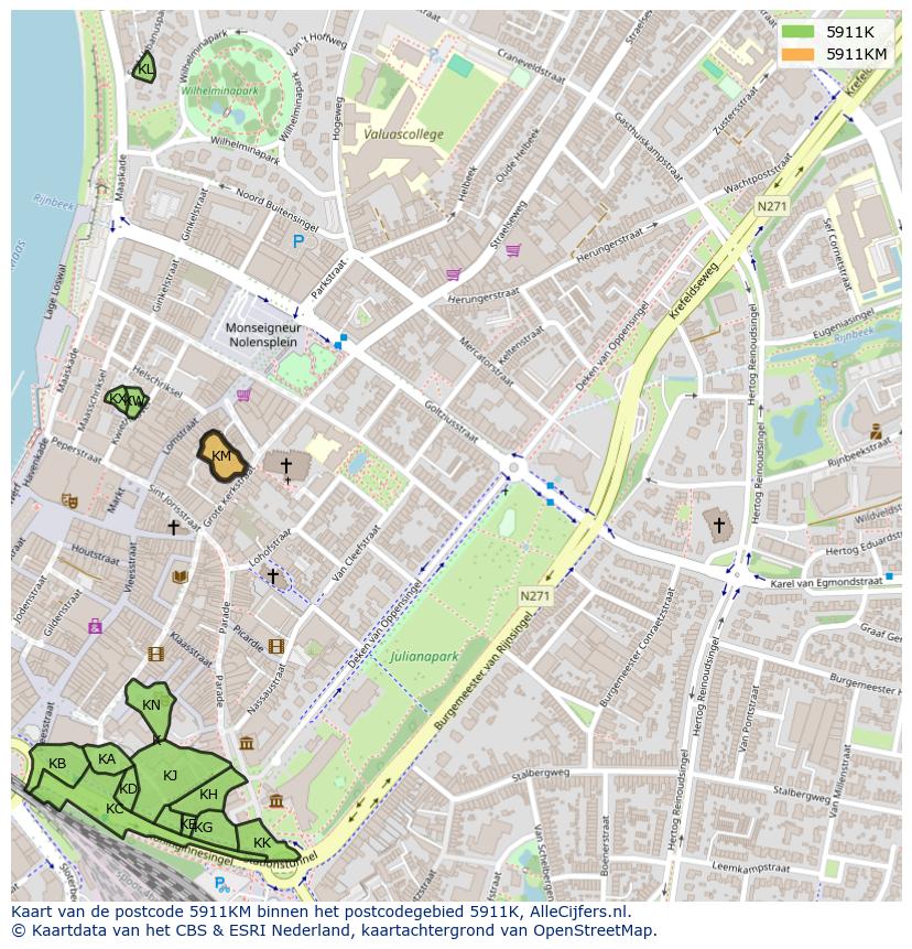 Afbeelding van het postcodegebied 5911 KM op de kaart.