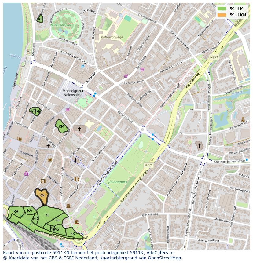 Afbeelding van het postcodegebied 5911 KN op de kaart.