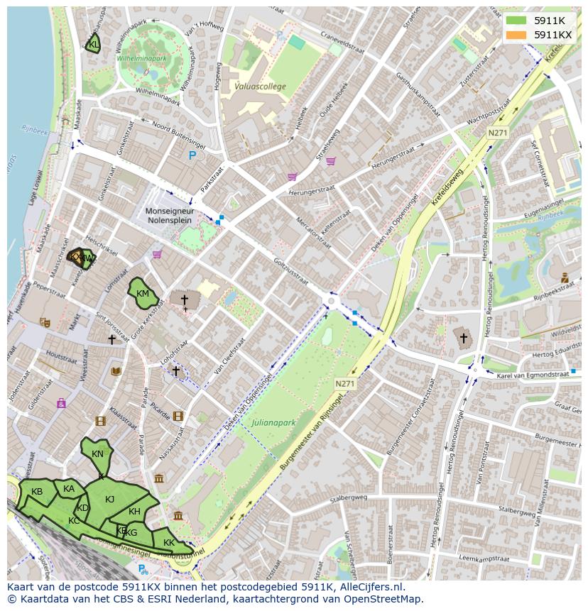 Afbeelding van het postcodegebied 5911 KX op de kaart.