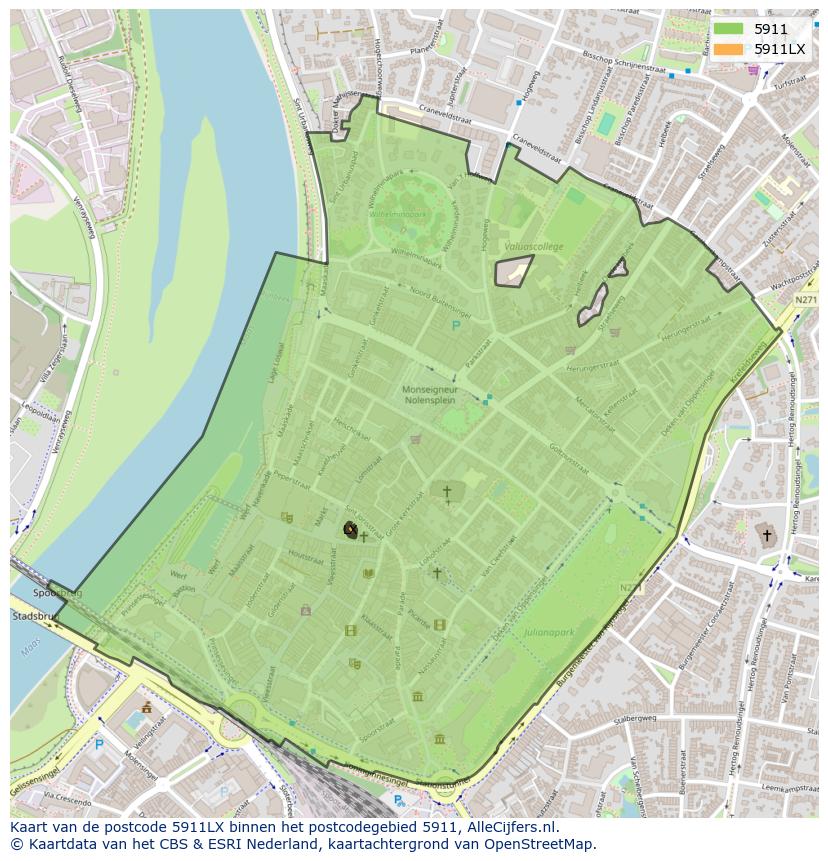 Afbeelding van het postcodegebied 5911 LX op de kaart.