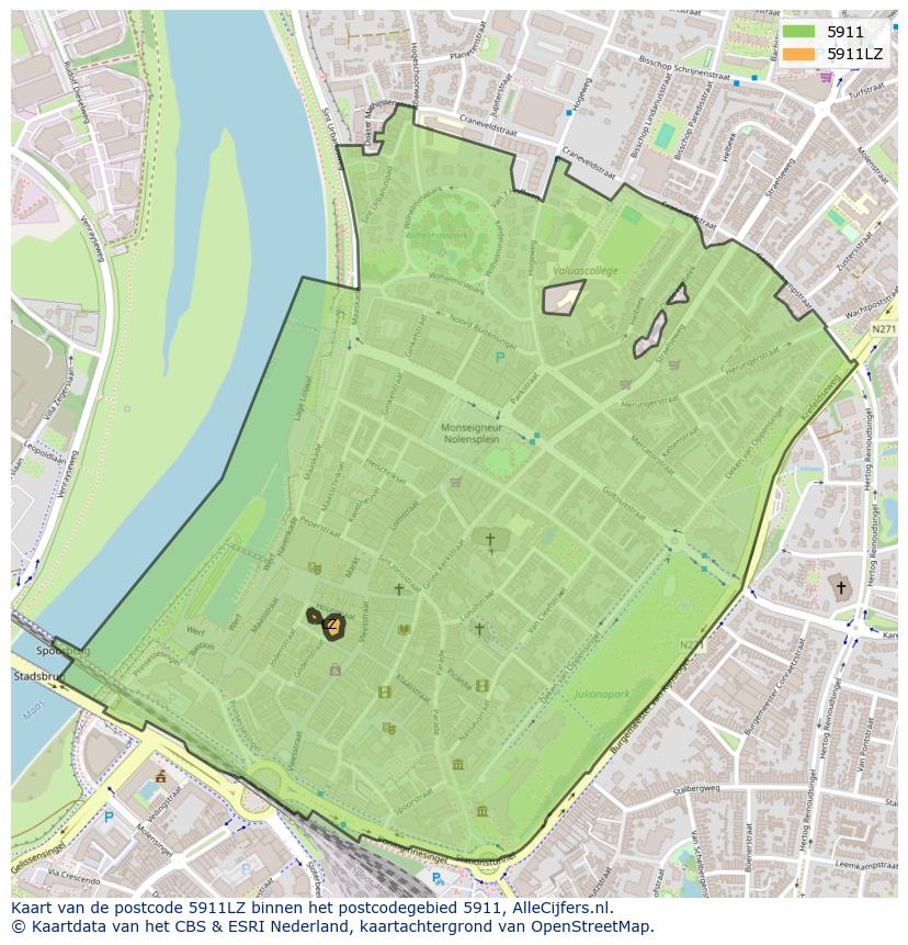 Afbeelding van het postcodegebied 5911 LZ op de kaart.