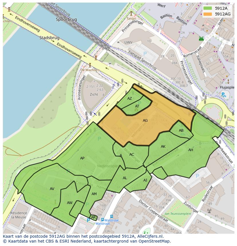 Afbeelding van het postcodegebied 5912 AG op de kaart.