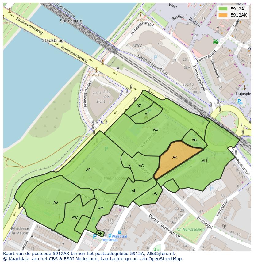 Afbeelding van het postcodegebied 5912 AK op de kaart.