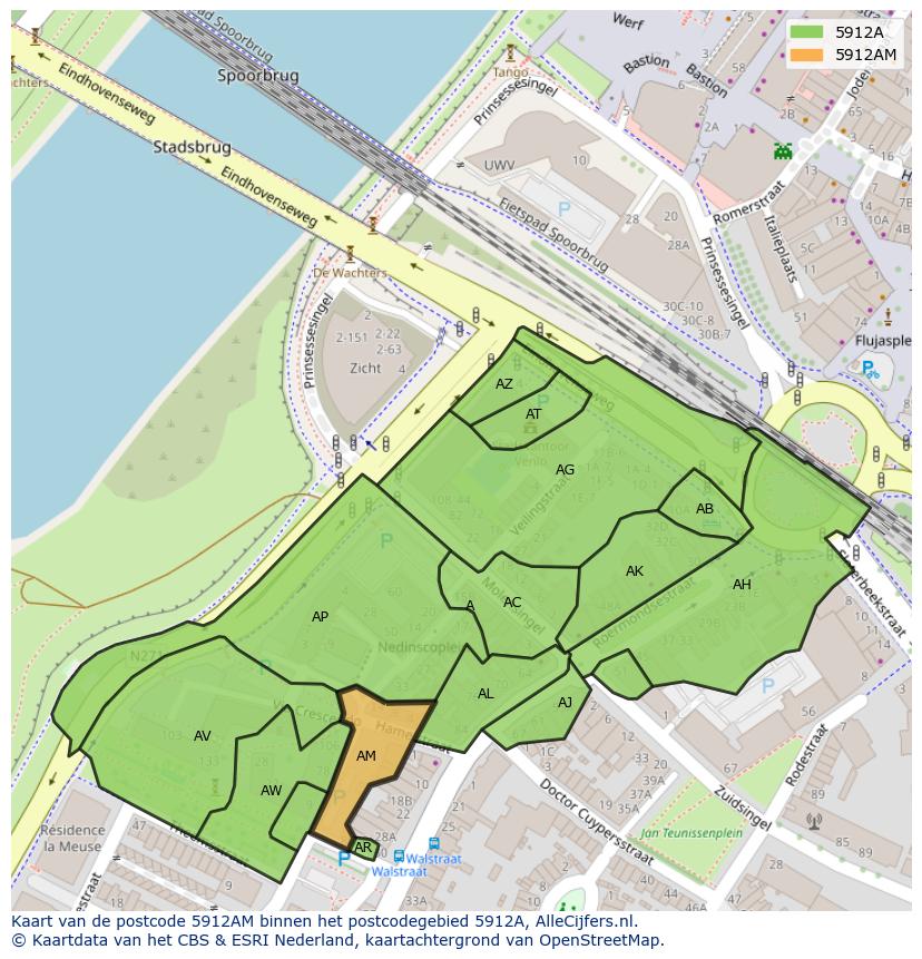 Afbeelding van het postcodegebied 5912 AM op de kaart.