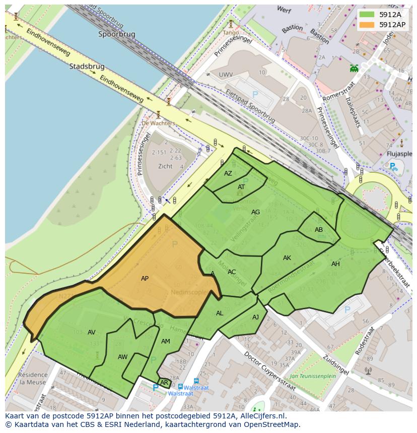 Afbeelding van het postcodegebied 5912 AP op de kaart.