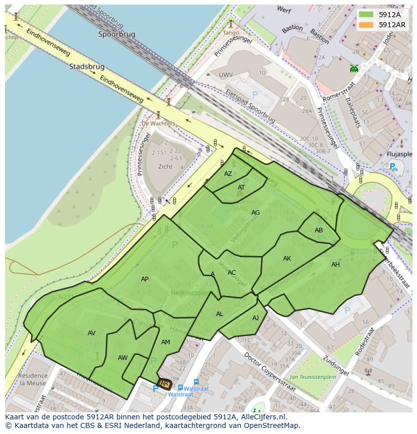 Afbeelding van het postcodegebied 5912 AR op de kaart.