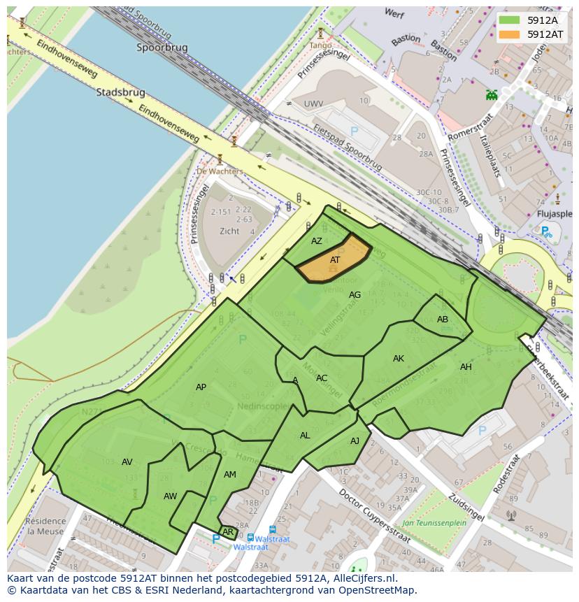 Afbeelding van het postcodegebied 5912 AT op de kaart.