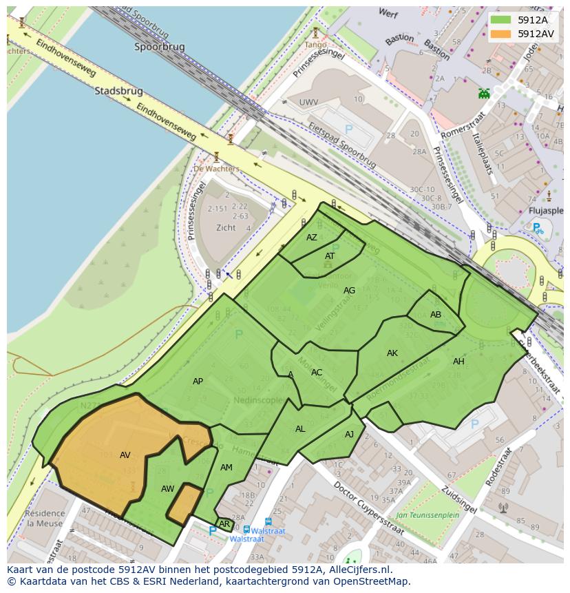 Afbeelding van het postcodegebied 5912 AV op de kaart.