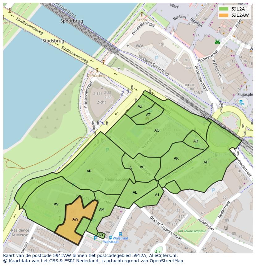 Afbeelding van het postcodegebied 5912 AW op de kaart.
