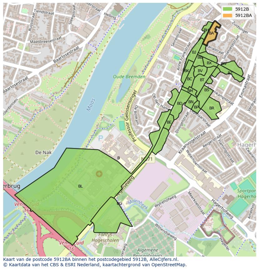 Afbeelding van het postcodegebied 5912 BA op de kaart.