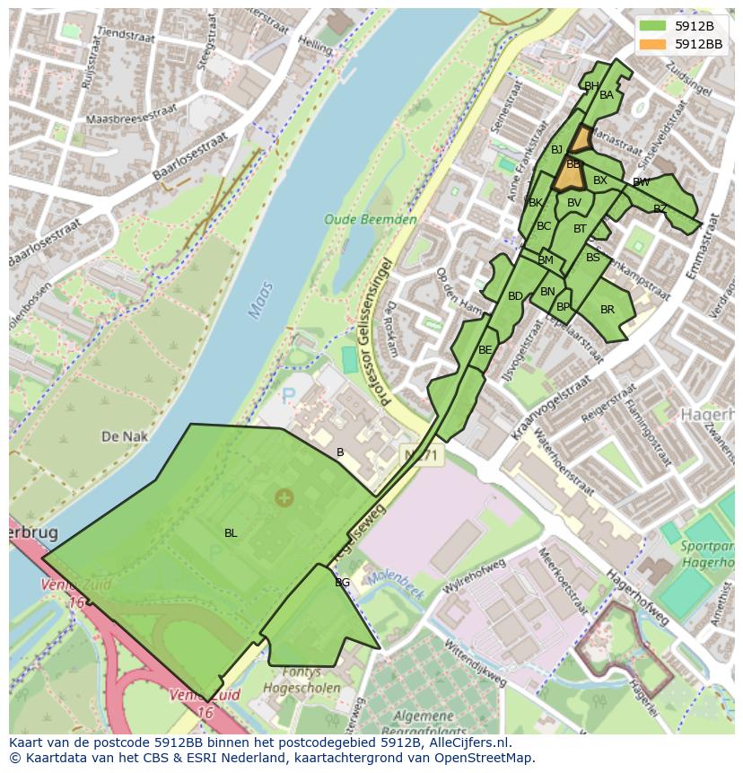 Afbeelding van het postcodegebied 5912 BB op de kaart.