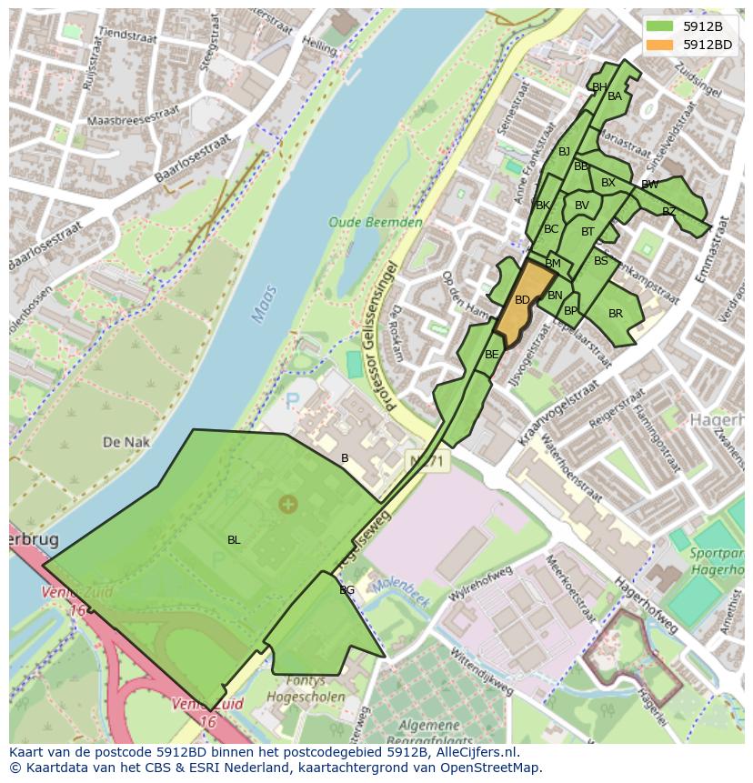 Afbeelding van het postcodegebied 5912 BD op de kaart.