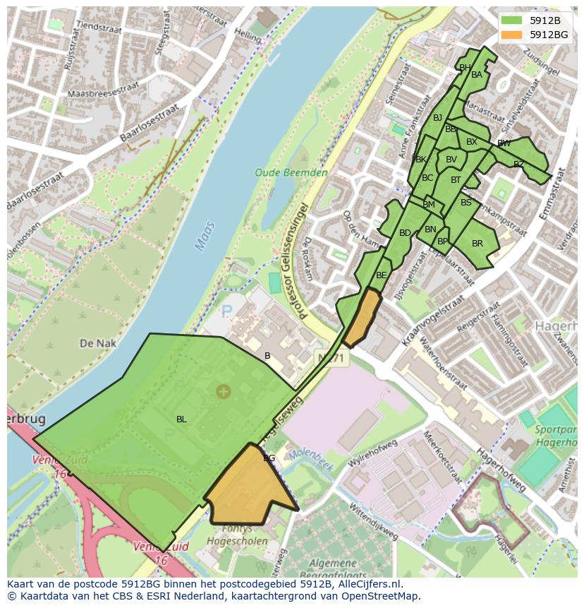 Afbeelding van het postcodegebied 5912 BG op de kaart.
