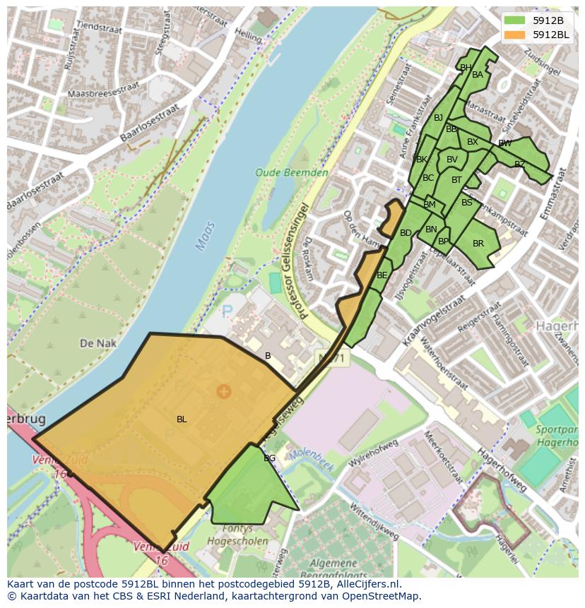 Afbeelding van het postcodegebied 5912 BL op de kaart.