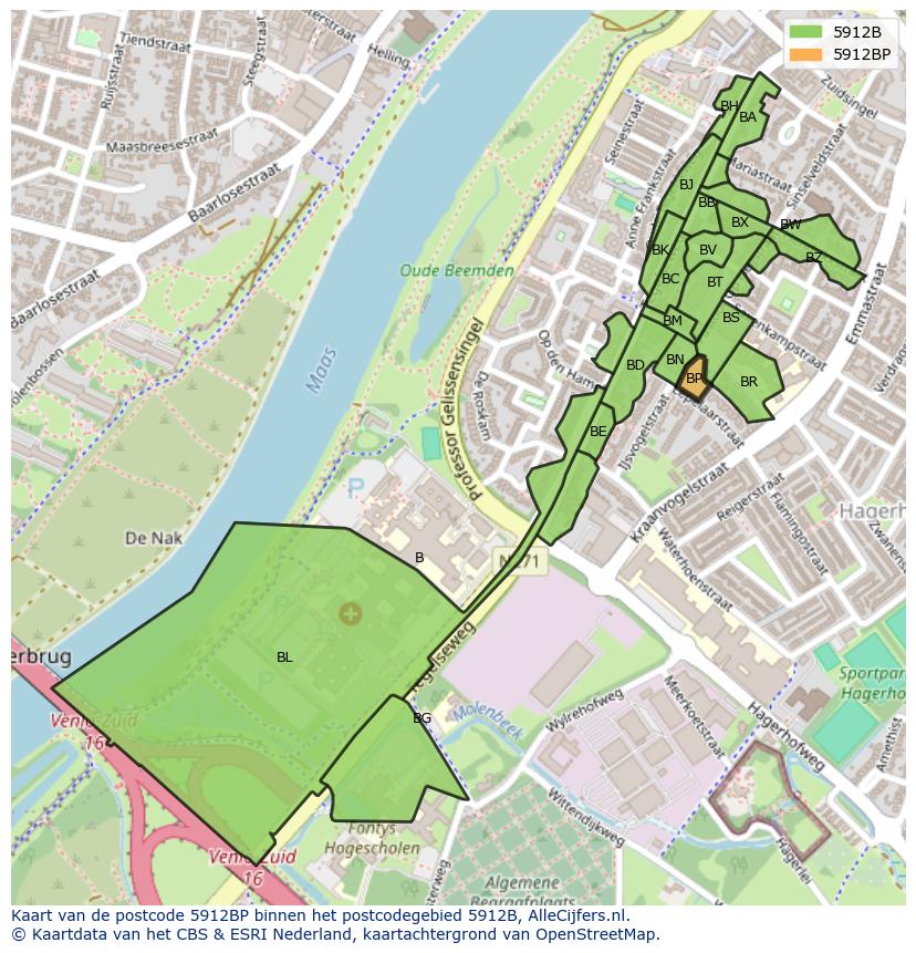 Afbeelding van het postcodegebied 5912 BP op de kaart.