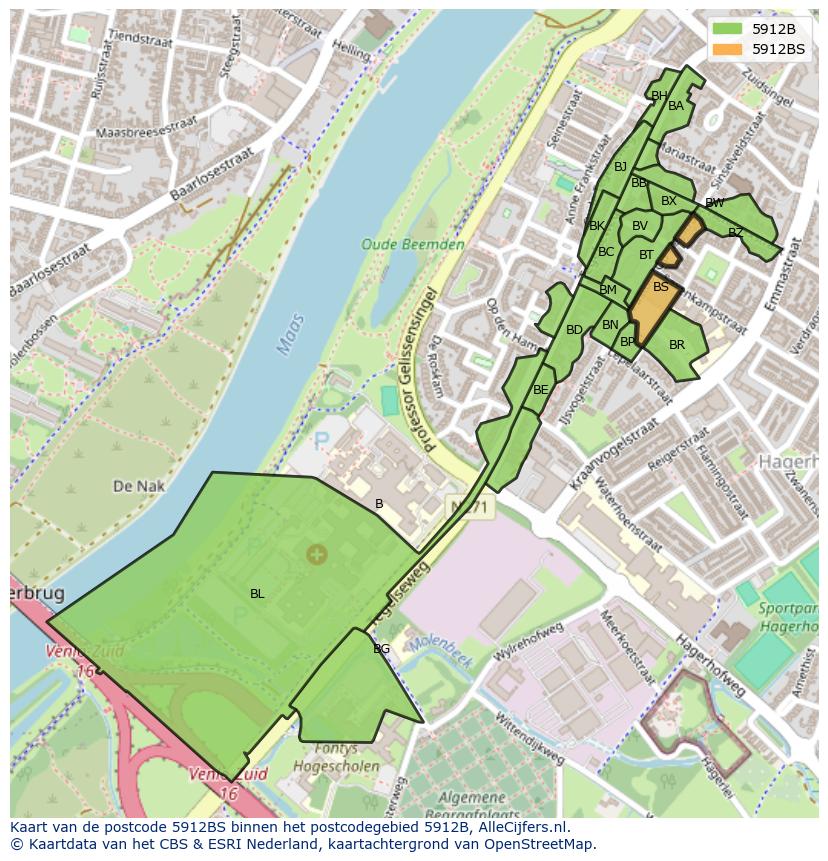 Afbeelding van het postcodegebied 5912 BS op de kaart.