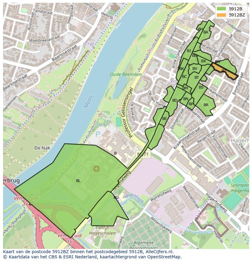 Afbeelding van het postcodegebied 5912 BZ op de kaart.