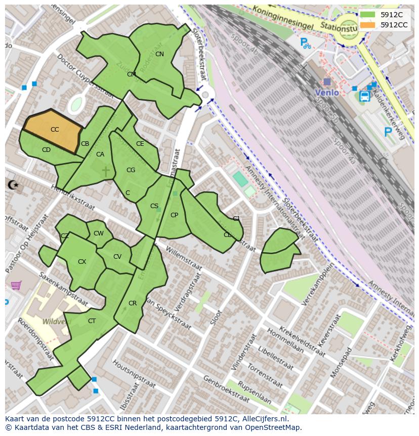 Afbeelding van het postcodegebied 5912 CC op de kaart.