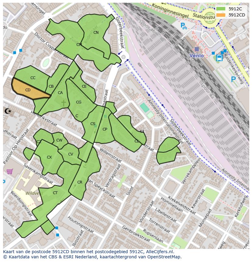Afbeelding van het postcodegebied 5912 CD op de kaart.