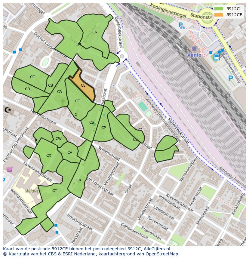 Afbeelding van het postcodegebied 5912 CE op de kaart.