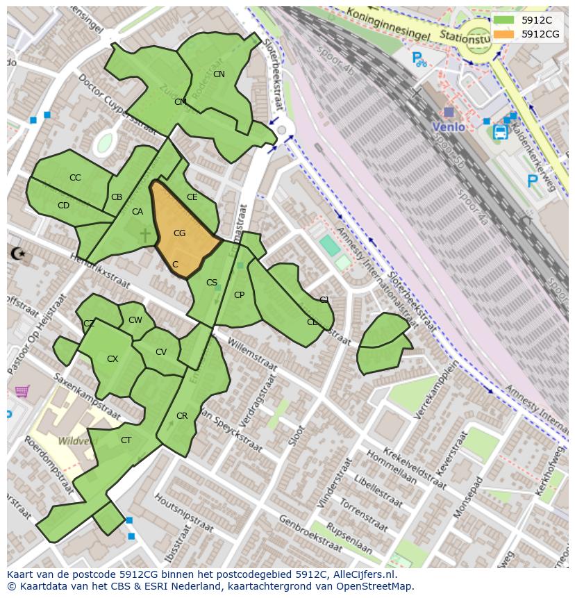 Afbeelding van het postcodegebied 5912 CG op de kaart.