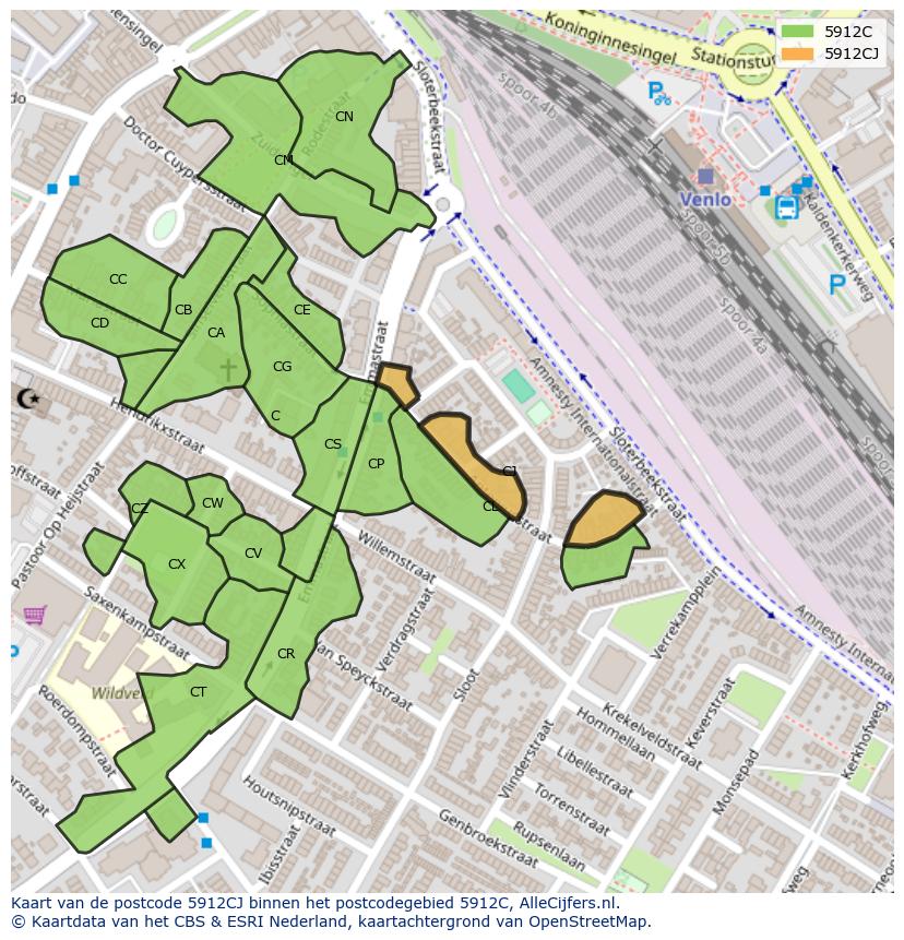 Afbeelding van het postcodegebied 5912 CJ op de kaart.