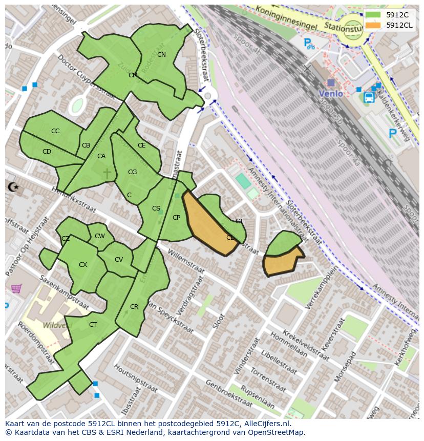 Afbeelding van het postcodegebied 5912 CL op de kaart.