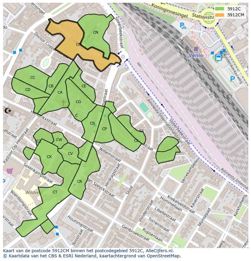 Afbeelding van het postcodegebied 5912 CM op de kaart.