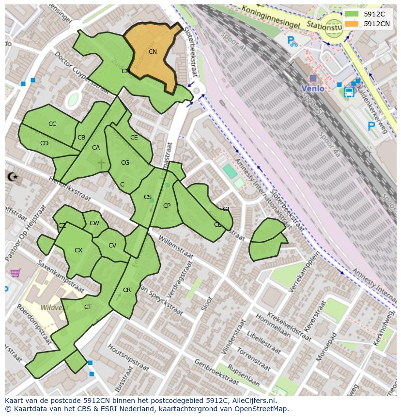 Afbeelding van het postcodegebied 5912 CN op de kaart.