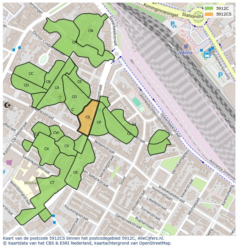 Afbeelding van het postcodegebied 5912 CS op de kaart.