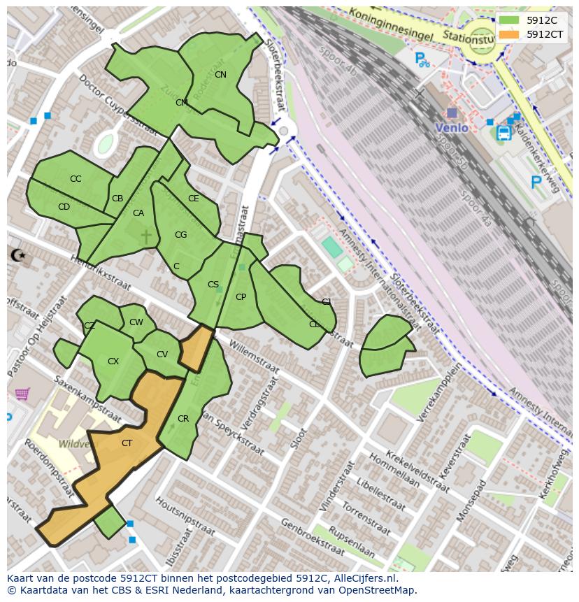 Afbeelding van het postcodegebied 5912 CT op de kaart.