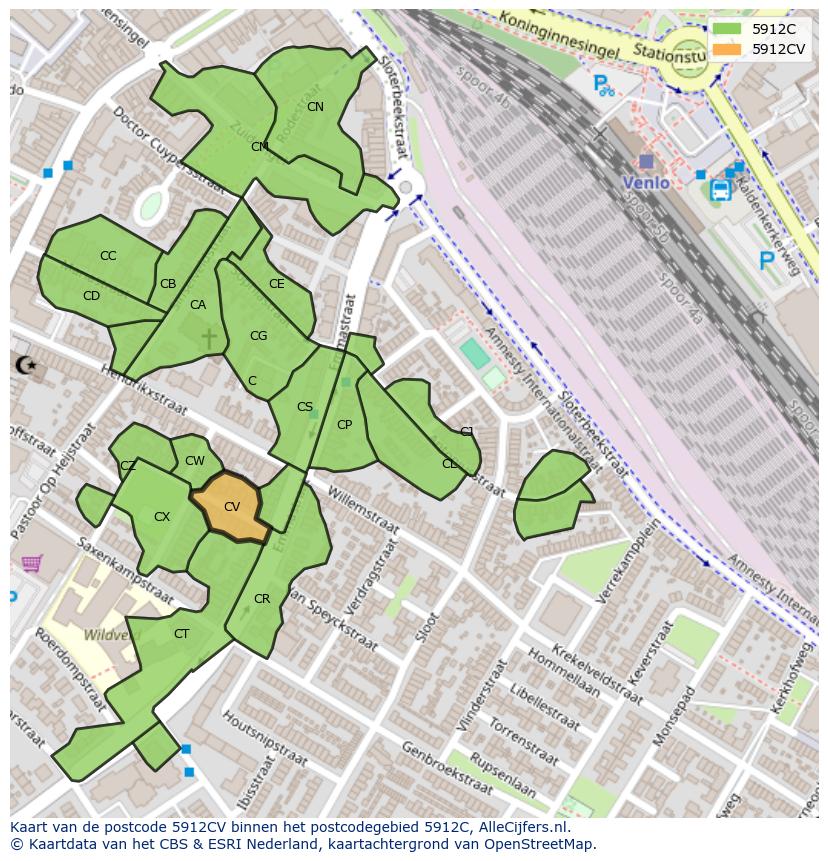 Afbeelding van het postcodegebied 5912 CV op de kaart.