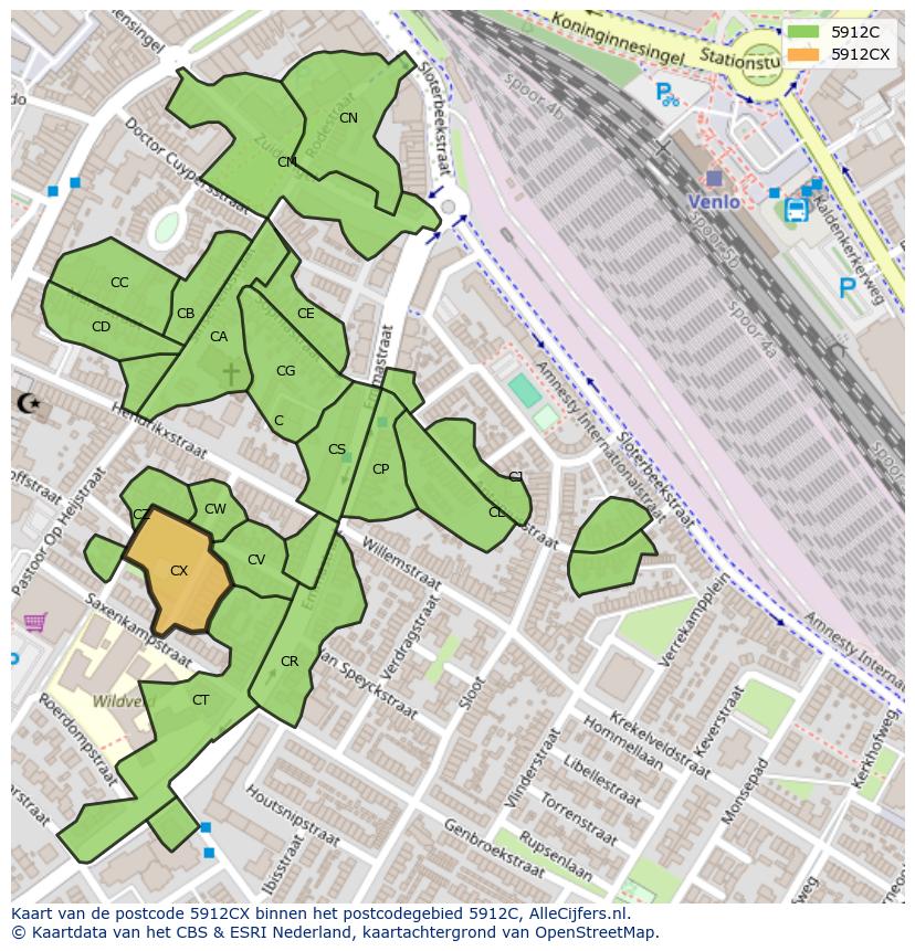 Afbeelding van het postcodegebied 5912 CX op de kaart.